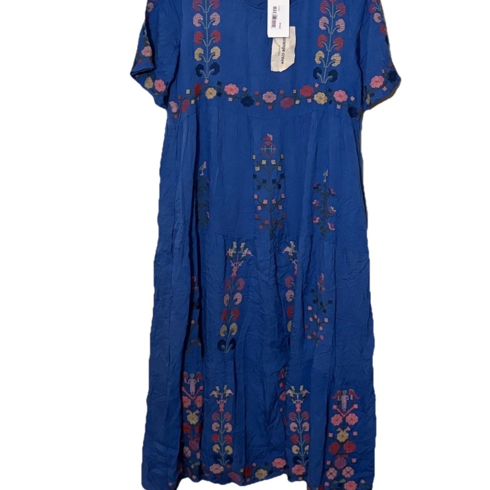 Orange Creek Dress Women M Blue Floral Embroidered Cross Stitch Tiered Prairie